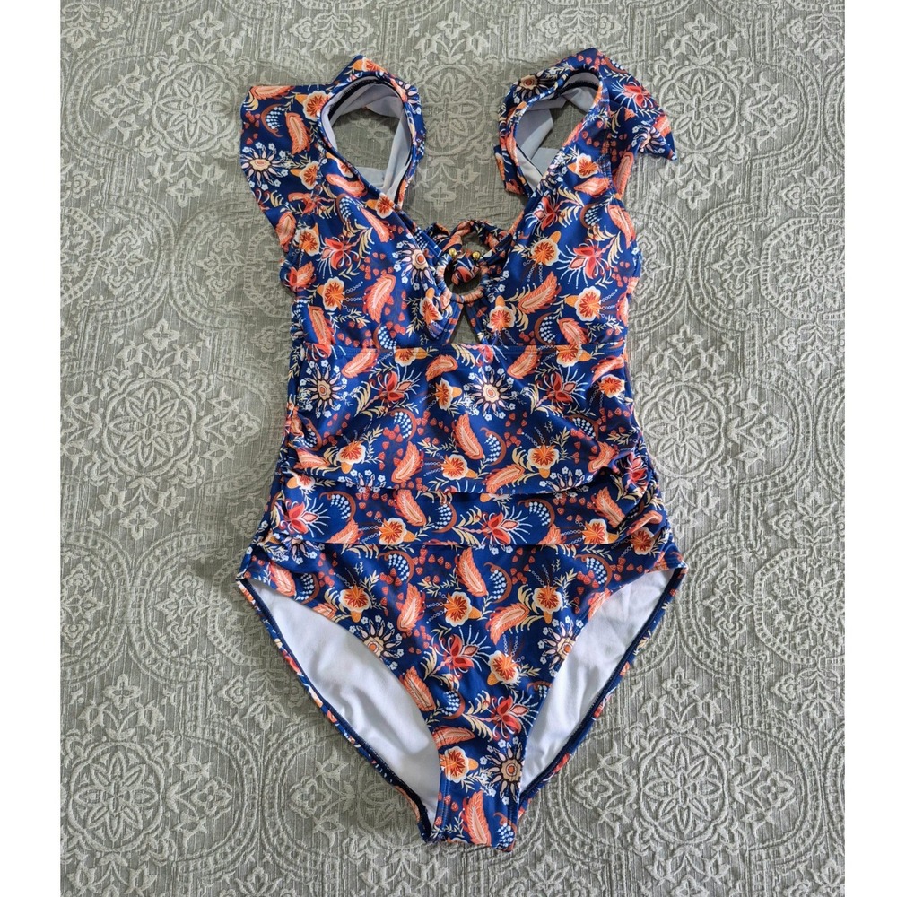 Eomenie Womens Blue Floral Ruffle One Piece‎ Swimsuit Size L New With Tags